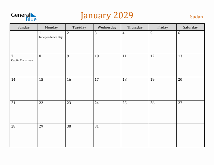 January 2029 Holiday Calendar with Sunday Start