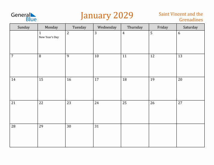 January 2029 Holiday Calendar with Sunday Start