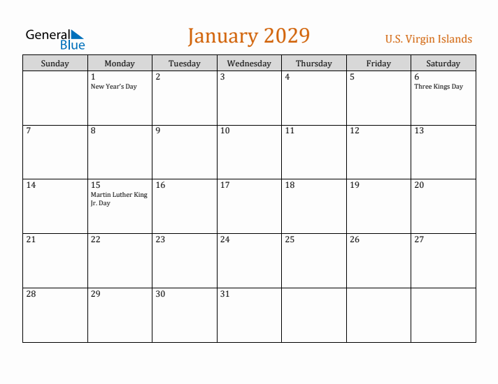 January 2029 Holiday Calendar with Sunday Start