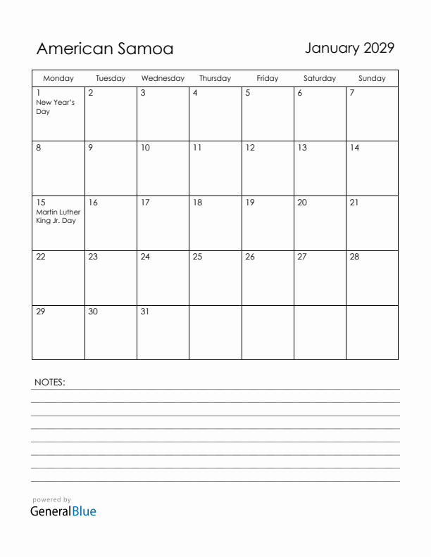 January 2029 American Samoa Calendar with Holidays (Monday Start)