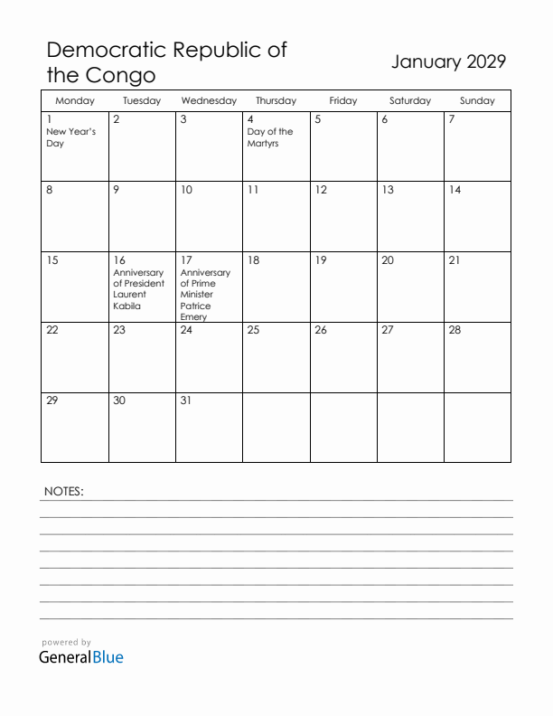 January 2029 Democratic Republic of the Congo Calendar with Holidays (Monday Start)
