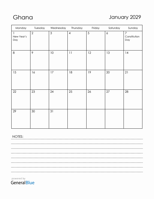 January 2029 Ghana Calendar with Holidays (Monday Start)