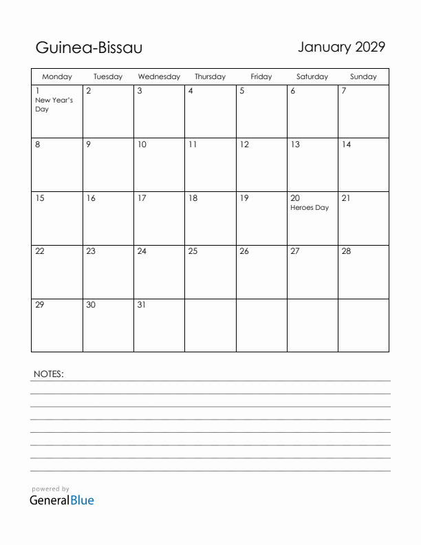 January 2029 Guinea-Bissau Calendar with Holidays (Monday Start)