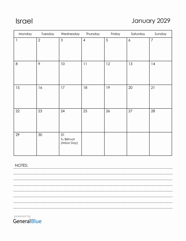 January 2029 Israel Calendar with Holidays (Monday Start)