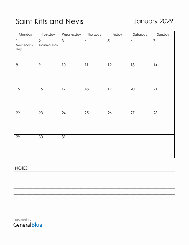 January 2029 Saint Kitts and Nevis Calendar with Holidays (Monday Start)