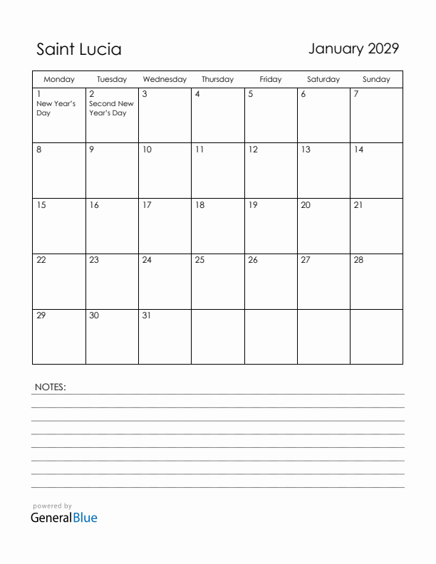 January 2029 Saint Lucia Calendar with Holidays (Monday Start)