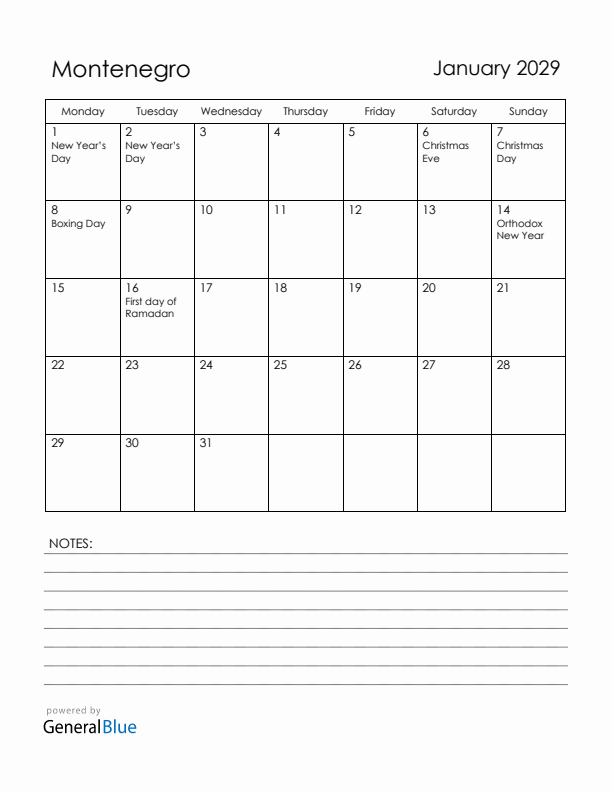 January 2029 Montenegro Calendar with Holidays (Monday Start)