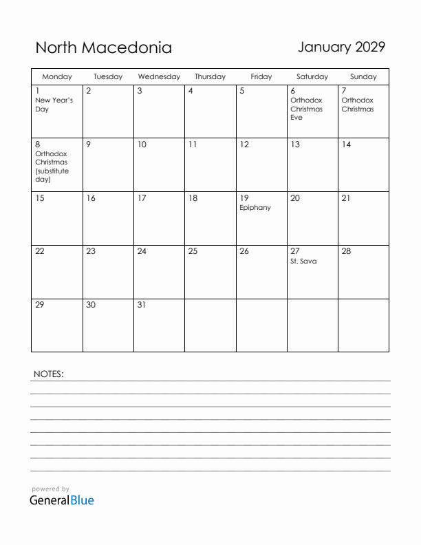 January 2029 North Macedonia Calendar with Holidays (Monday Start)