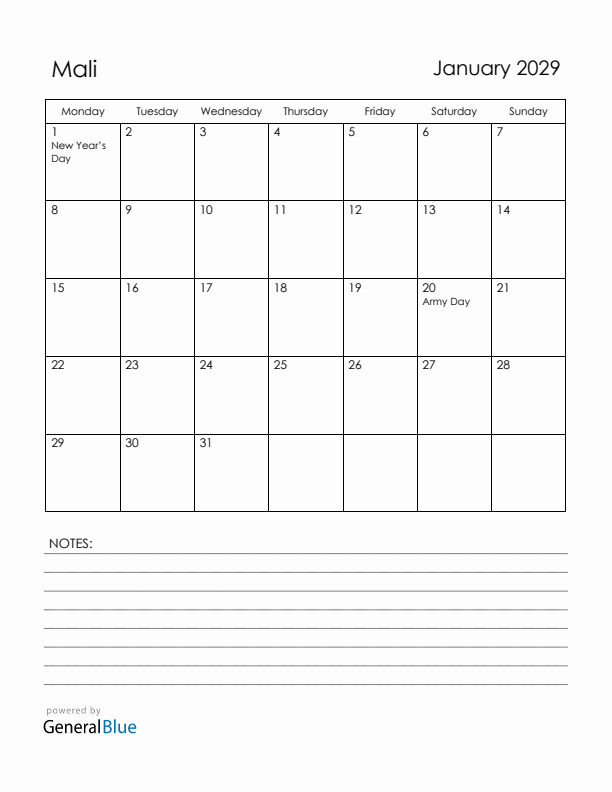 January 2029 Mali Calendar with Holidays (Monday Start)