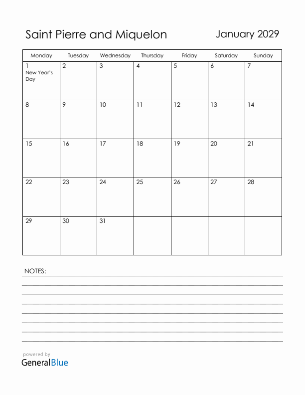 January 2029 Saint Pierre and Miquelon Calendar with Holidays (Monday Start)