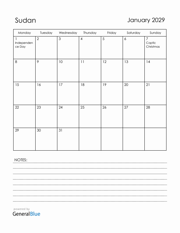 January 2029 Sudan Calendar with Holidays (Monday Start)