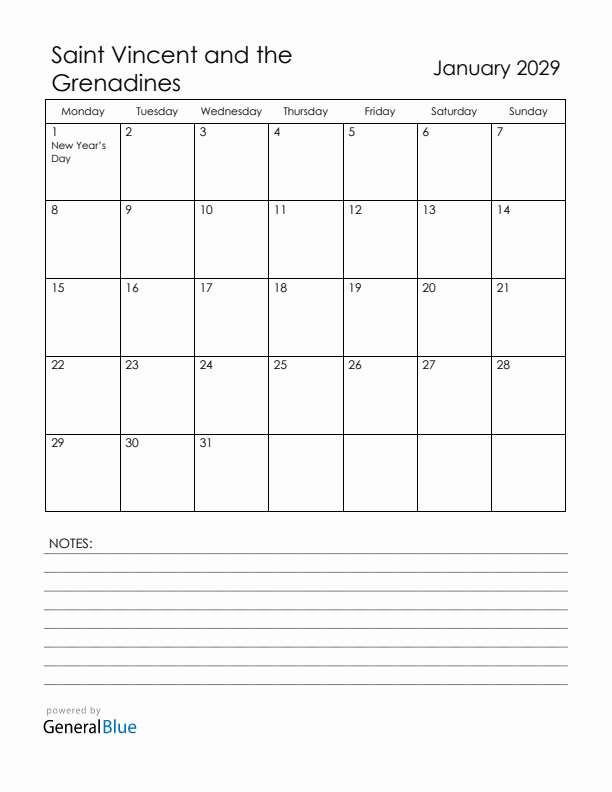 January 2029 Saint Vincent and the Grenadines Calendar with Holidays (Monday Start)