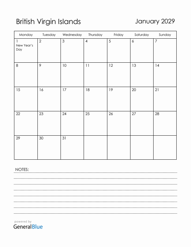 January 2029 British Virgin Islands Calendar with Holidays (Monday Start)