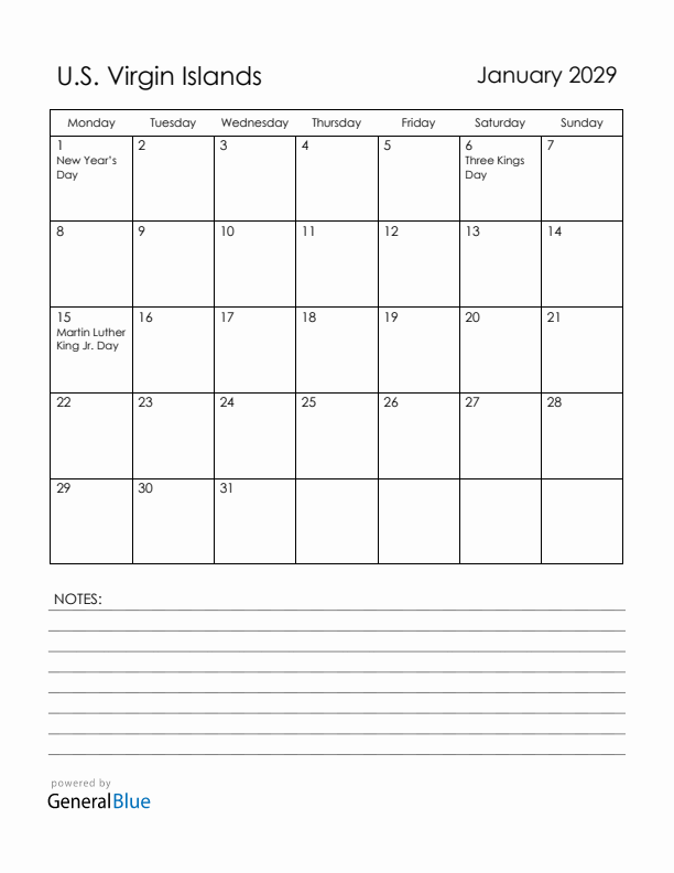 January 2029 U.S. Virgin Islands Calendar with Holidays (Monday Start)