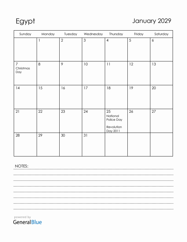 January 2029 Egypt Calendar with Holidays (Sunday Start)