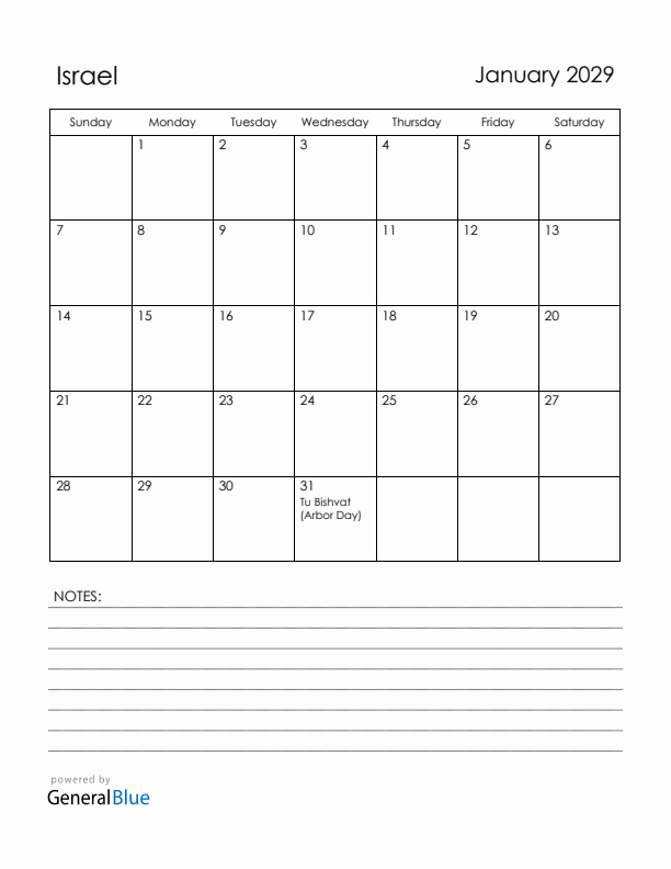 January 2029 Israel Calendar with Holidays (Sunday Start)