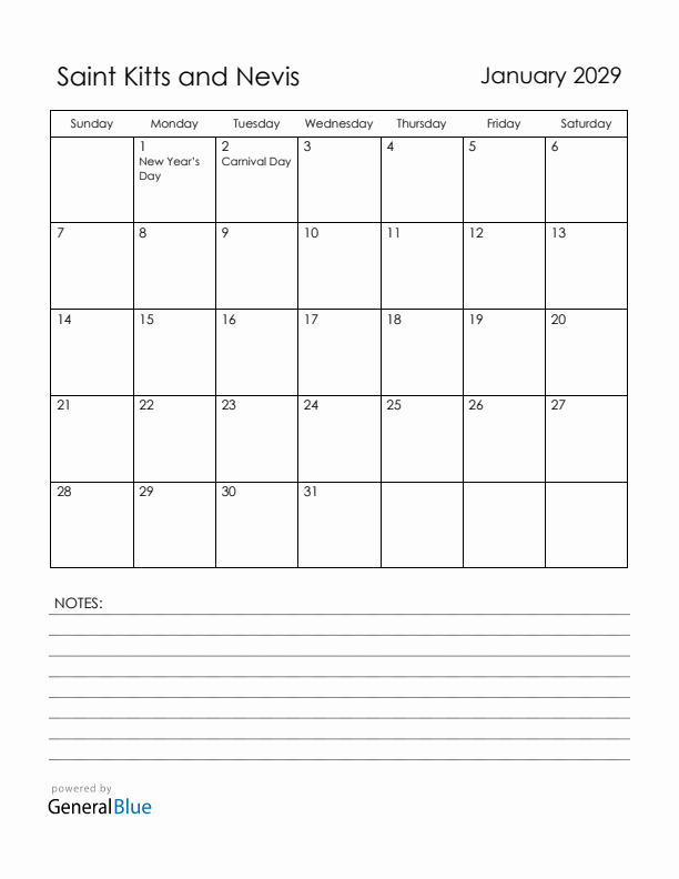 January 2029 Saint Kitts and Nevis Calendar with Holidays (Sunday Start)