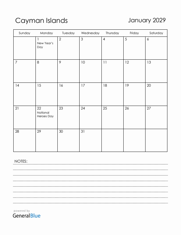 January 2029 Cayman Islands Calendar with Holidays (Sunday Start)