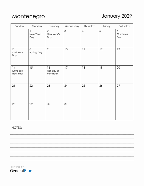 January 2029 Montenegro Calendar with Holidays (Sunday Start)