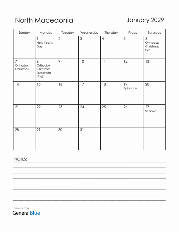 January 2029 North Macedonia Calendar with Holidays (Sunday Start)