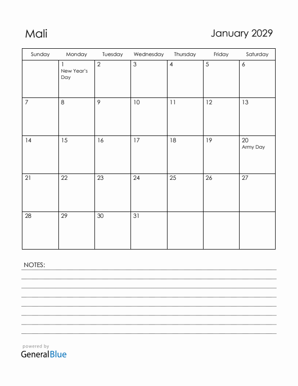 January 2029 Mali Calendar with Holidays (Sunday Start)