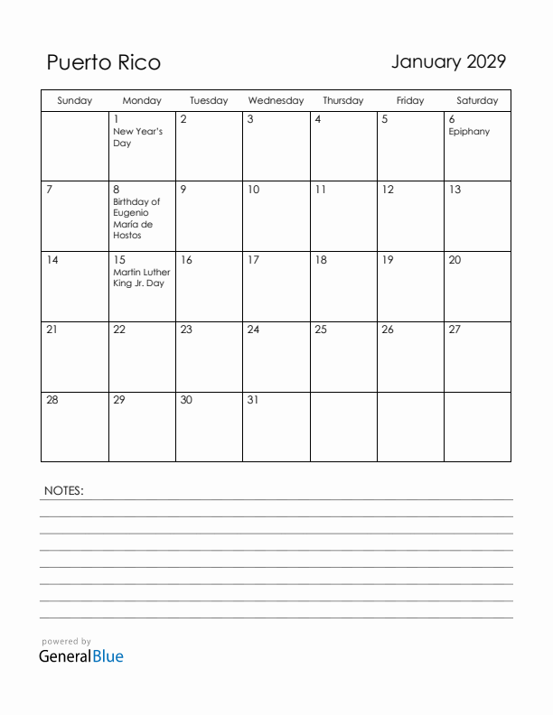 January 2029 Puerto Rico Calendar with Holidays (Sunday Start)