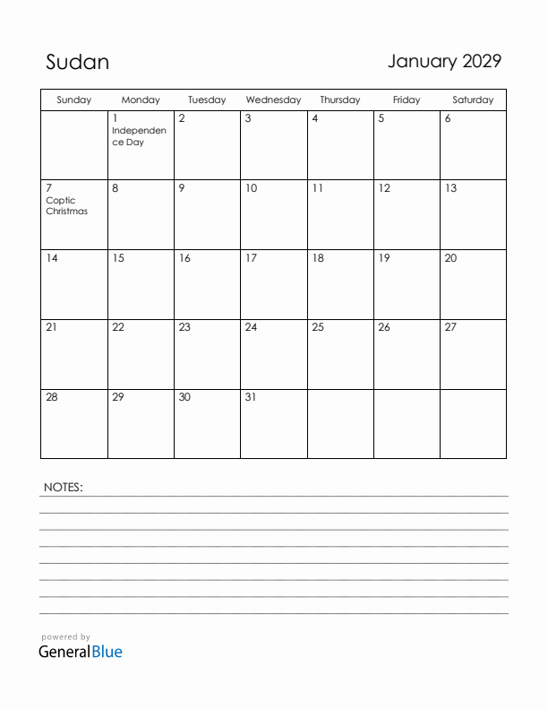 January 2029 Sudan Calendar with Holidays (Sunday Start)