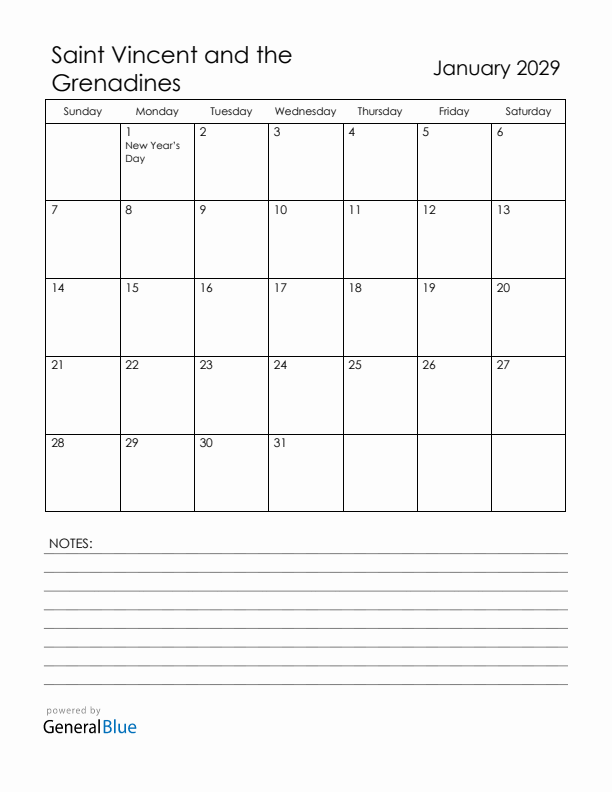 January 2029 Saint Vincent and the Grenadines Calendar with Holidays (Sunday Start)