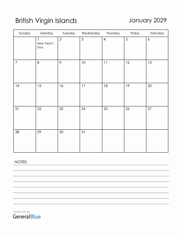 January 2029 British Virgin Islands Calendar with Holidays (Sunday Start)