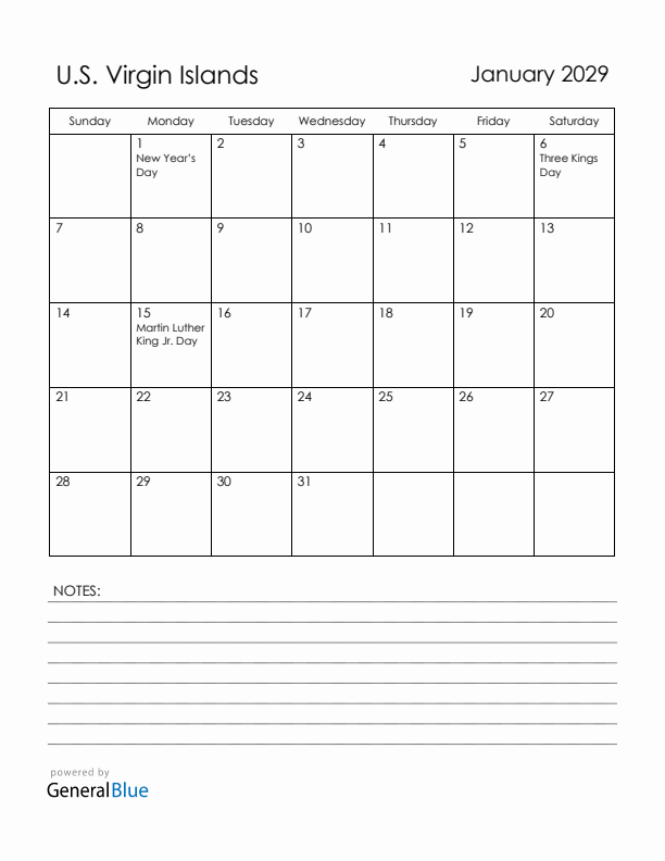 January 2029 U.S. Virgin Islands Calendar with Holidays (Sunday Start)