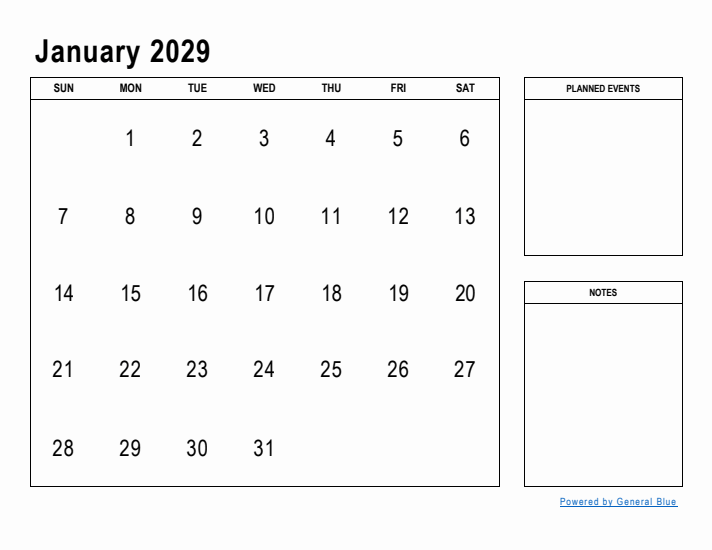 January 2029 Calendar Planner
