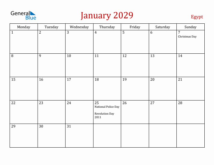 Egypt January 2029 Calendar - Monday Start