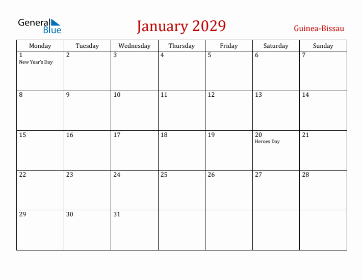 Guinea-Bissau January 2029 Calendar - Monday Start