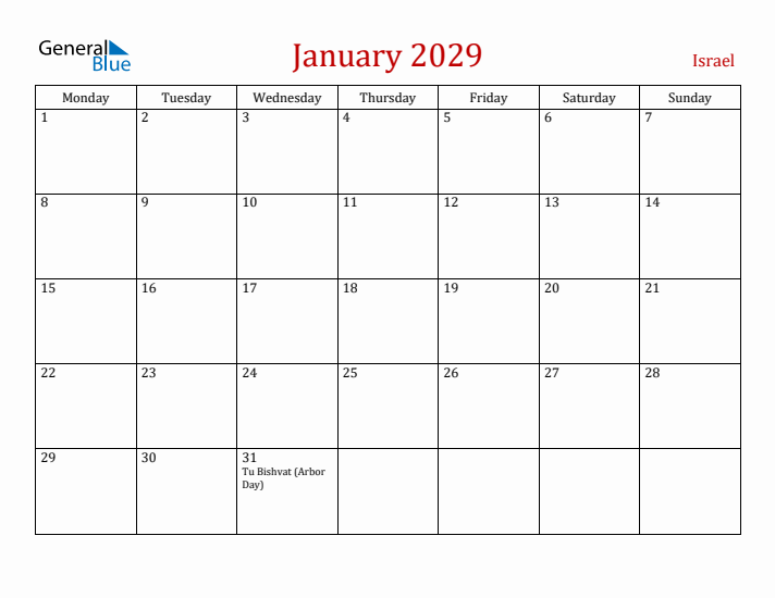 Israel January 2029 Calendar - Monday Start