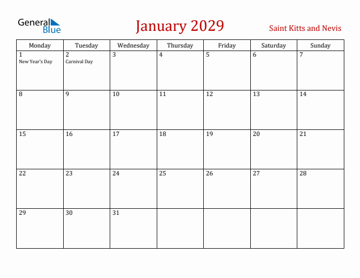 Saint Kitts and Nevis January 2029 Calendar - Monday Start