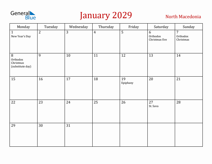 North Macedonia January 2029 Calendar - Monday Start