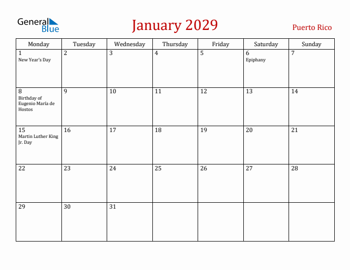 Puerto Rico January 2029 Calendar - Monday Start