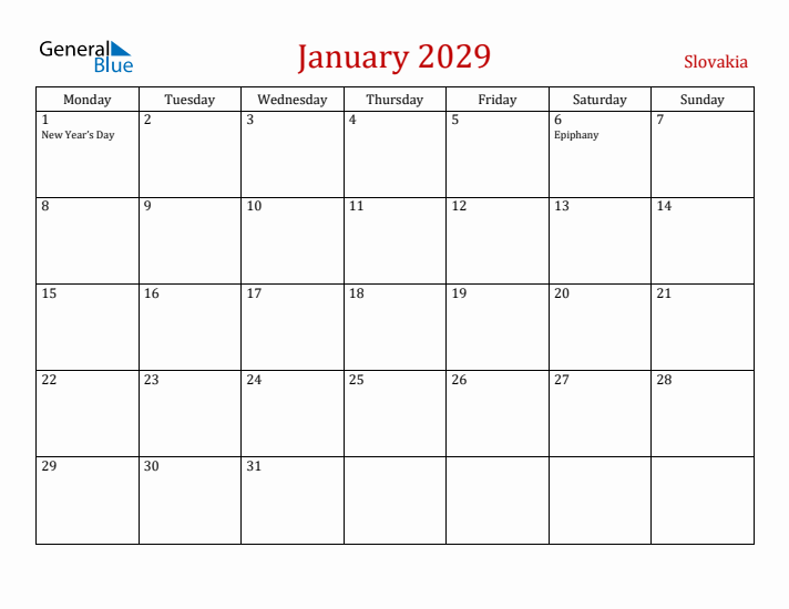 Slovakia January 2029 Calendar - Monday Start