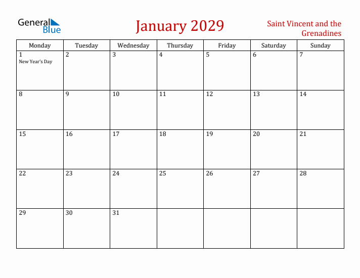 Saint Vincent and the Grenadines January 2029 Calendar - Monday Start