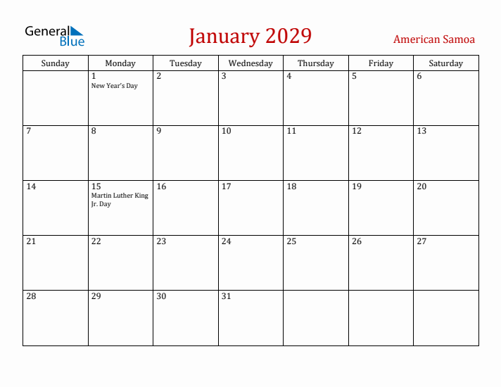 American Samoa January 2029 Calendar - Sunday Start