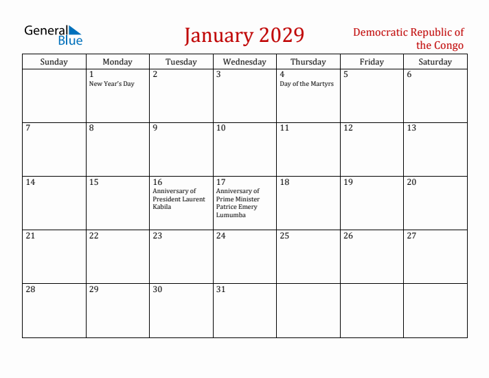 Democratic Republic of the Congo January 2029 Calendar - Sunday Start