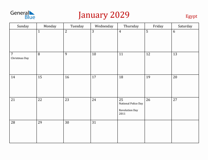 Egypt January 2029 Calendar - Sunday Start