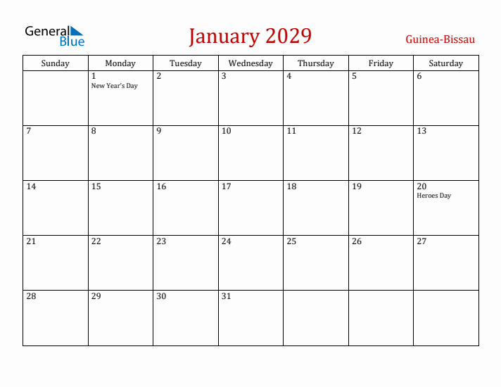 Guinea-Bissau January 2029 Calendar - Sunday Start