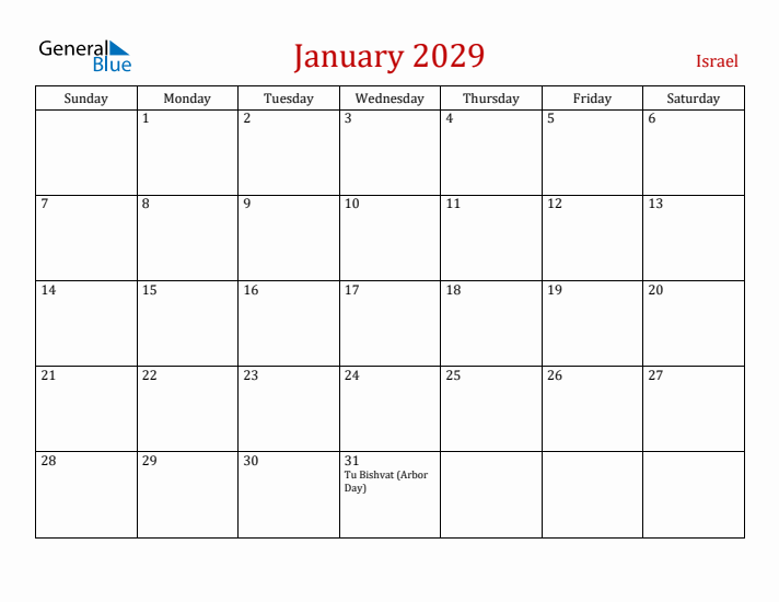 Israel January 2029 Calendar - Sunday Start