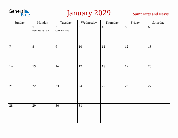 Saint Kitts and Nevis January 2029 Calendar - Sunday Start
