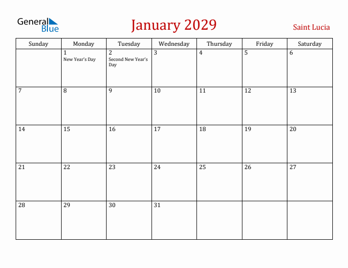 Saint Lucia January 2029 Calendar - Sunday Start