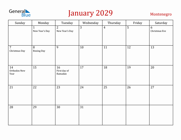 Montenegro January 2029 Calendar - Sunday Start