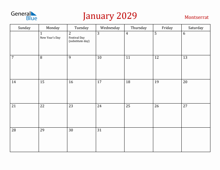 Montserrat January 2029 Calendar - Sunday Start