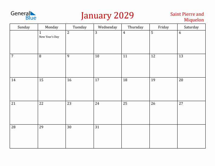 Saint Pierre and Miquelon January 2029 Calendar - Sunday Start