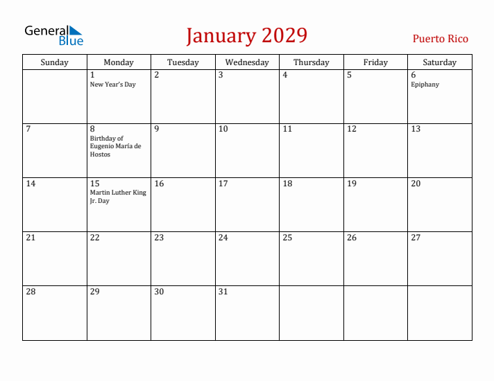 Puerto Rico January 2029 Calendar - Sunday Start